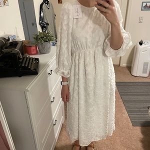 White/Ivory Floral Midi Dress with POCKETS!